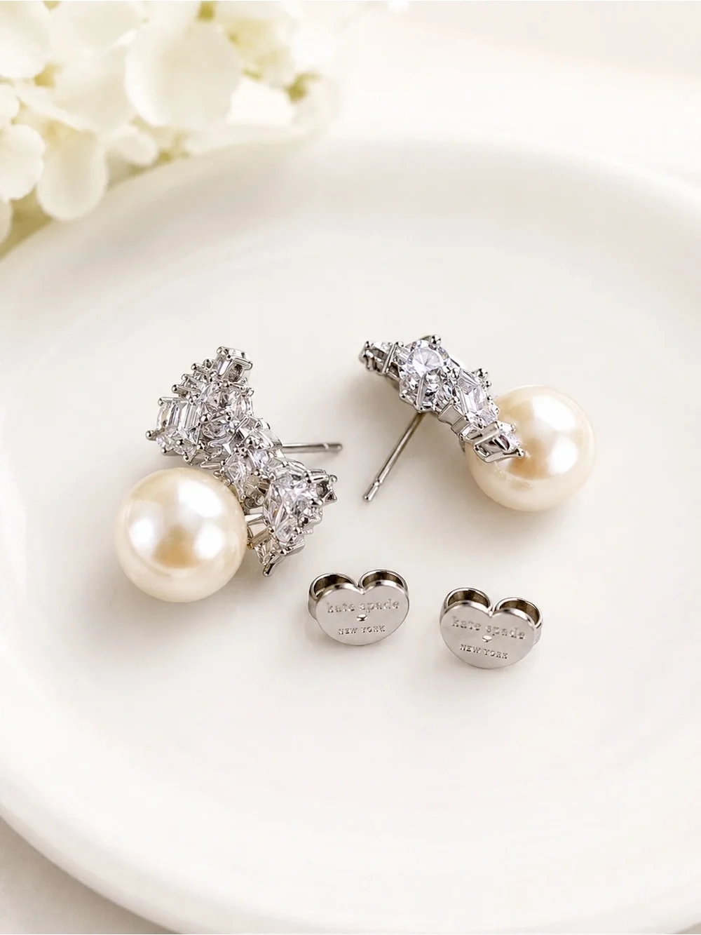 kate spade Pearl Drop Bow Stud Earrings in Cream and Silver